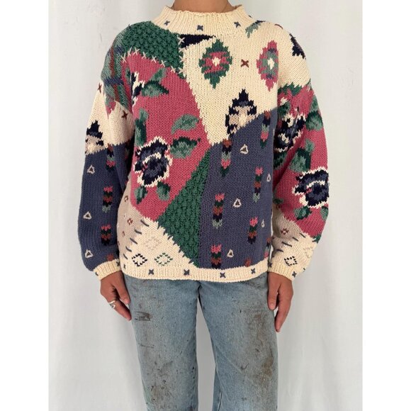 80s vintage multicolor floral patchwork grandma thick chunky hand knit sweater - Picture 2 of 10